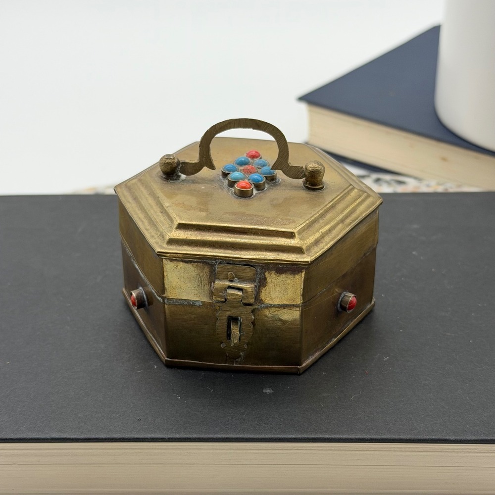 Vintage Brass Hexagonal Trinket Box Faux Turquoise Coral Inlay Jewelry Case